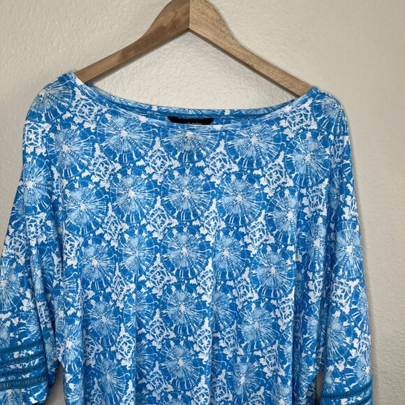 Ali Miles Womens Blue Geometric Linen Blend Eyelet Sleeve Tunic Top 3X - Picture 3 of 13